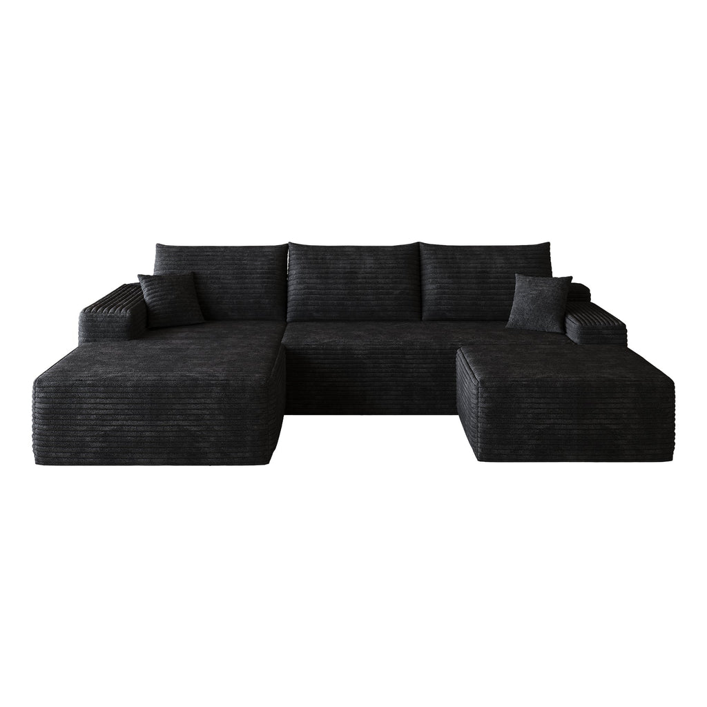 Black U-shaped sectional sofa with corner chaise and ottoman, studio view