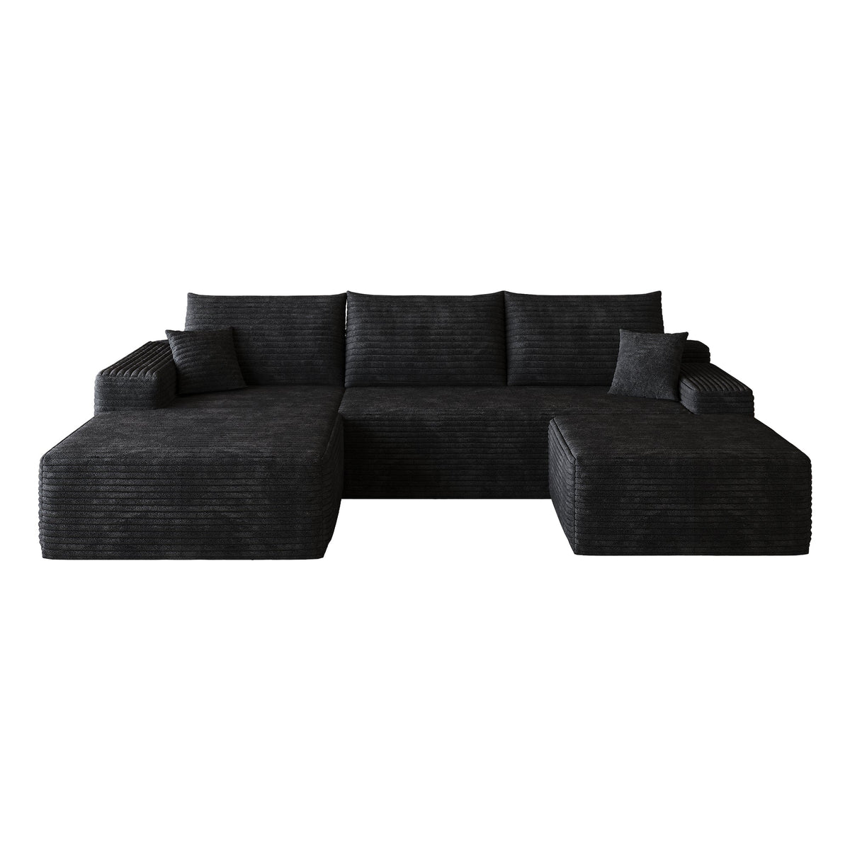 Black U-shaped sectional sofa with corner chaise and ottoman, studio view