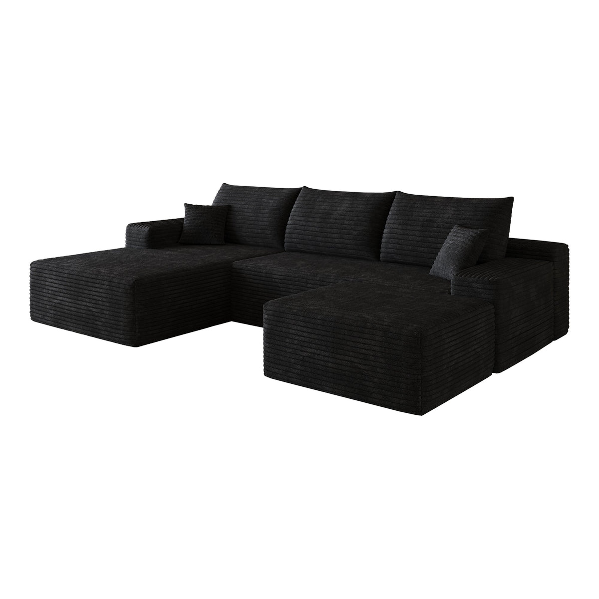 Black U-shaped sectional sofa with ottoman seat and back pillows, wide angle