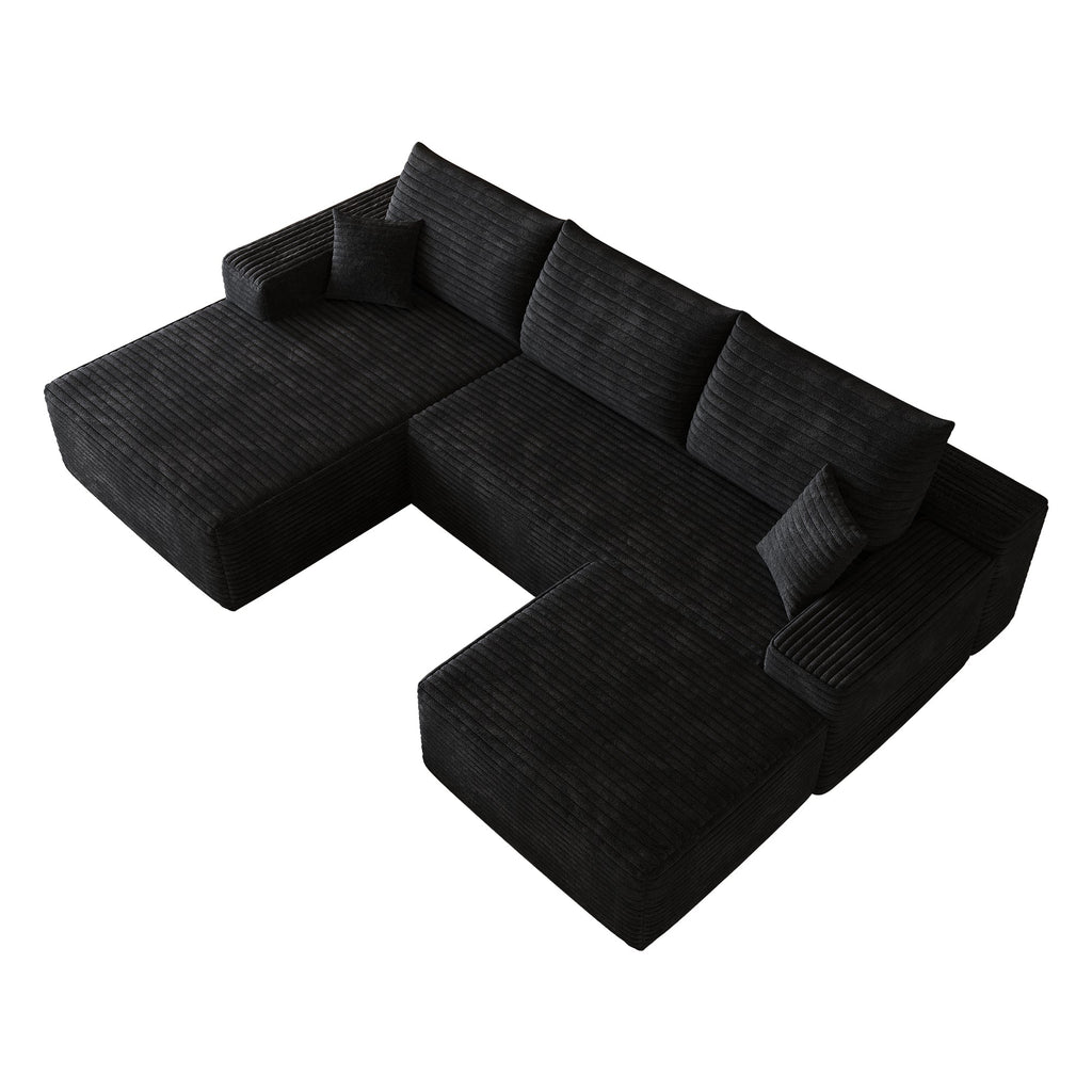 Black U-shaped sectional sofa with corner chaise and ottoman, angled view