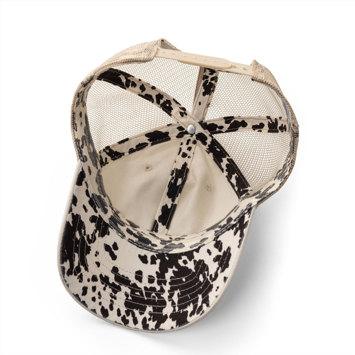 Ponytail cap with leopard-print brim and panels, beige mesh crown and adjustable strap