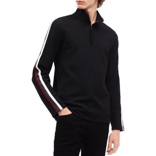 Calvin Klein men's black ribbed 1/4-zip pullover sweater with sleeve stripes
