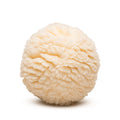 Cream fuzzy plush ball dog toy with round shape and raised fabric texture