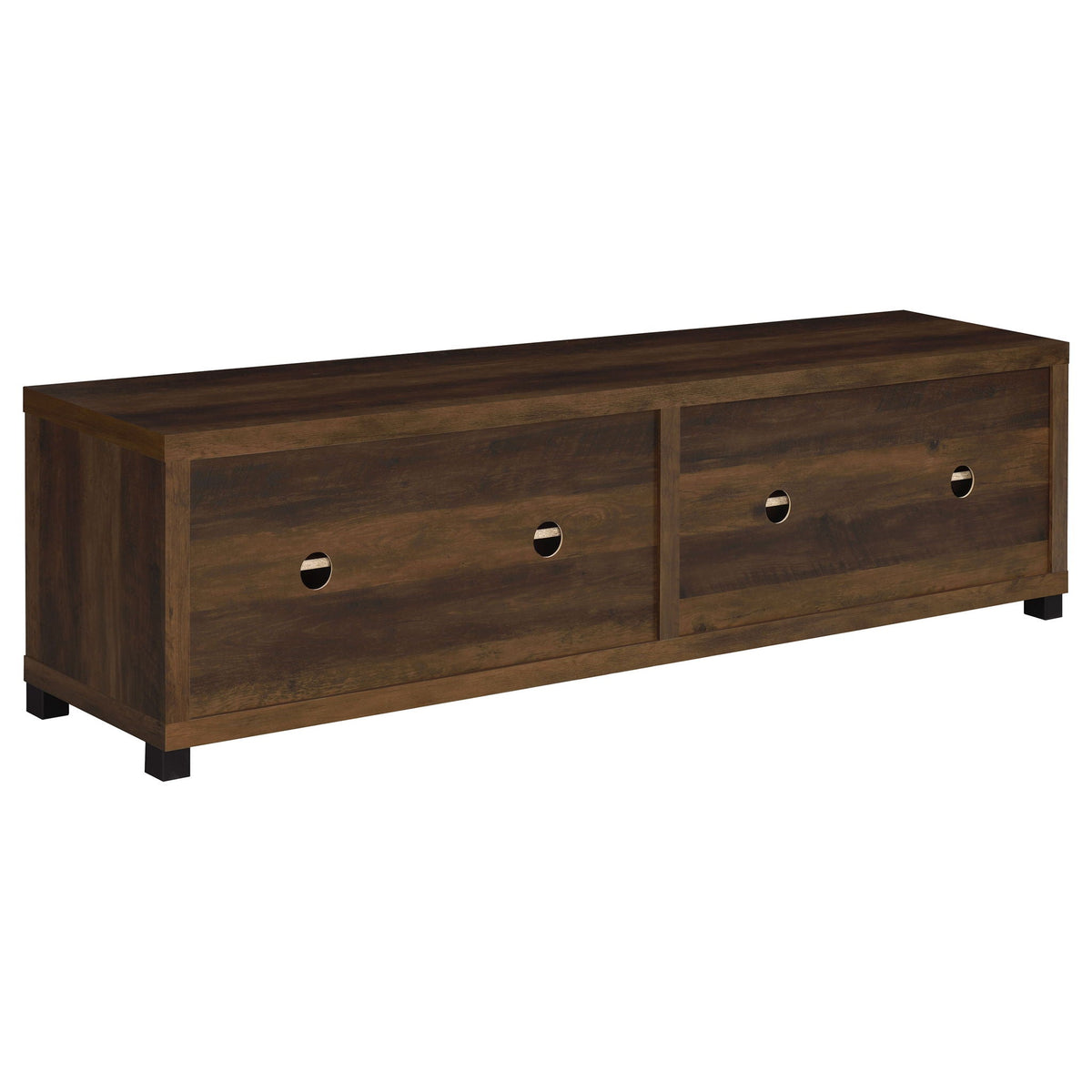 Dark pine TV stand with two drawer fronts and two glass door cabinets, round metal pulls, black feet
