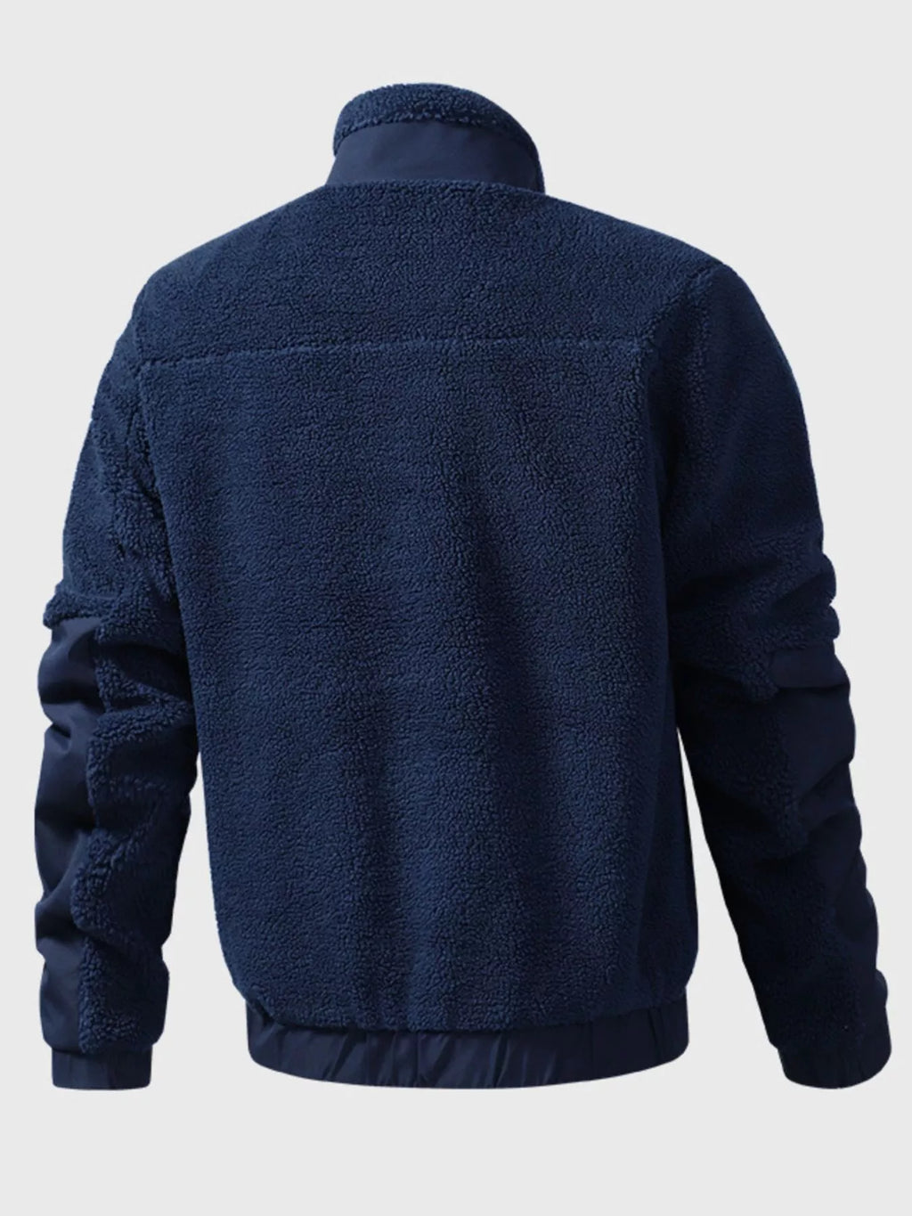 Men's sherpa fleece zip-up jacket back view, dark blue, stand collar, ribbed hem and cuffs