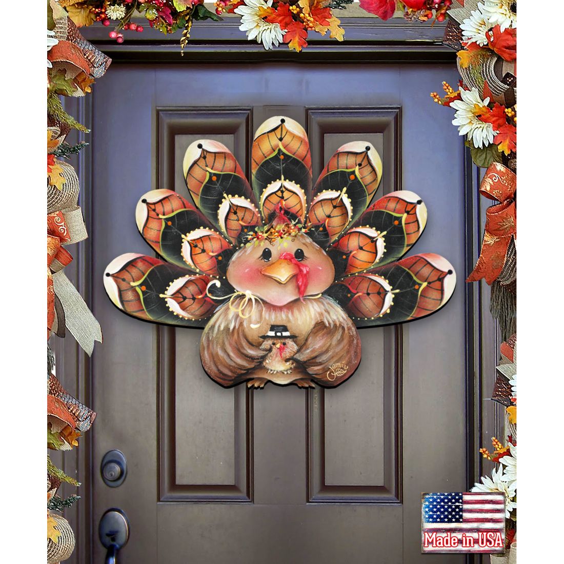 Turkey door hanger decor with orange-and-black feather fan and pink-faced turkey