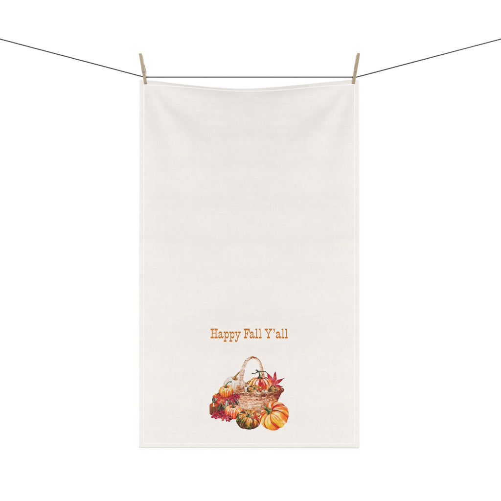Kitchen tea towel, off-white hanging with “Happy Fall Y'all” and autumn basket print