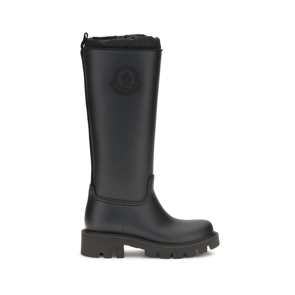 Moncler black PVC rain boots, mid-calf pull-on with embossed logo and treaded sole