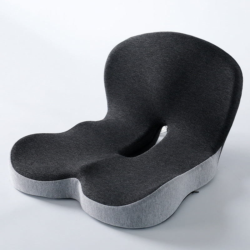 Memory foam backrest cushion, black top with light gray base and central cutout
