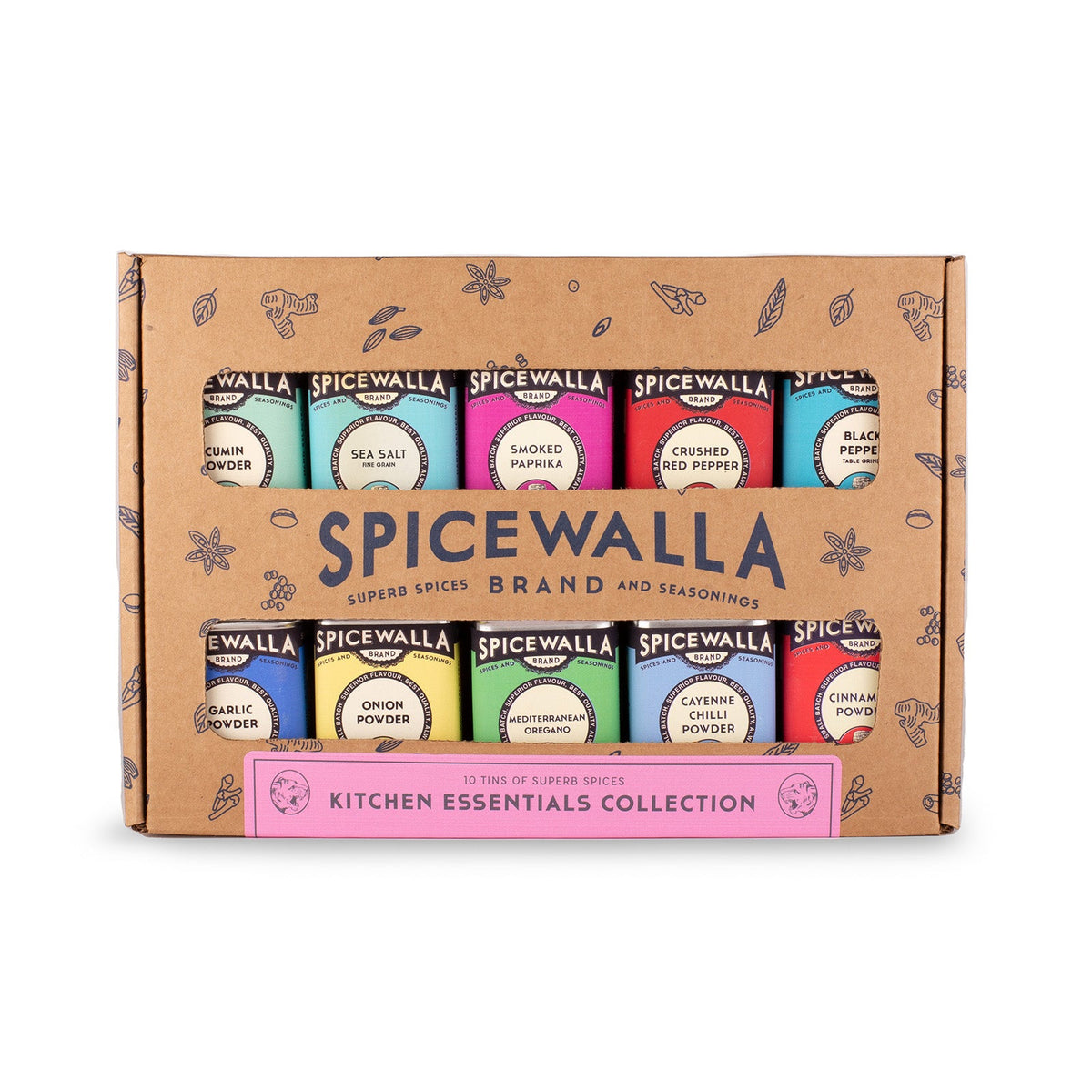 SpiceWalla Kitchen Essentials spice tin set in a brown cardboard gift box, front view