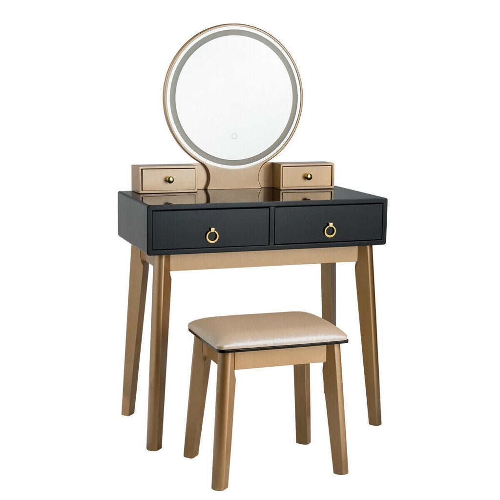 Makeup vanity table set with round mirror, black double-drawer front, and beige stool