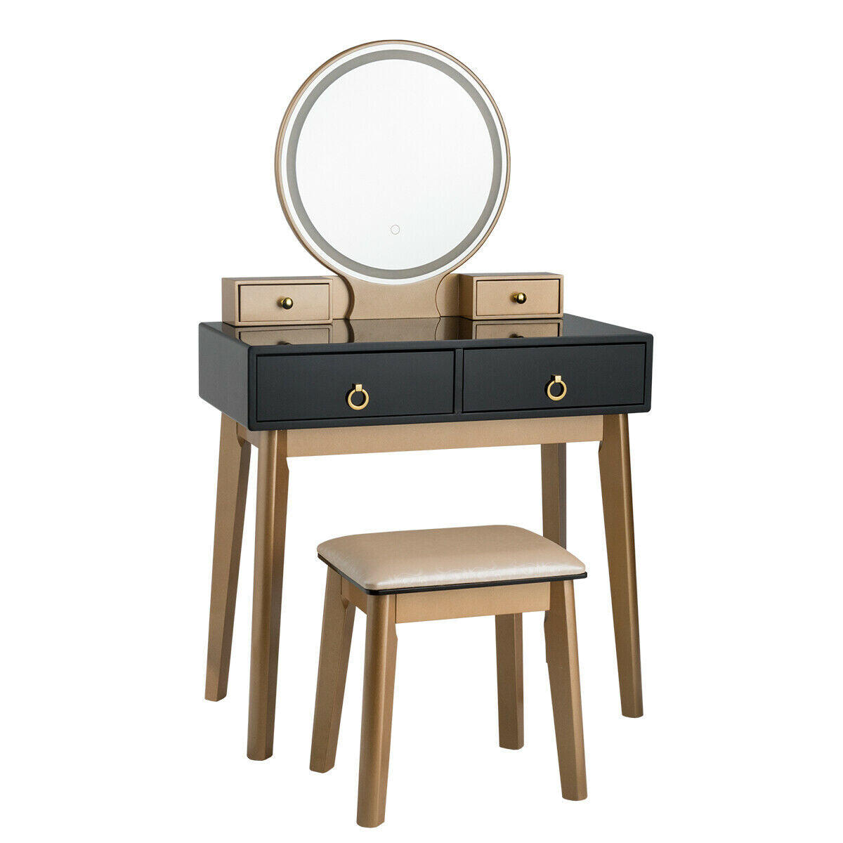 Makeup vanity table set with round mirror, black double-drawer front, and beige stool