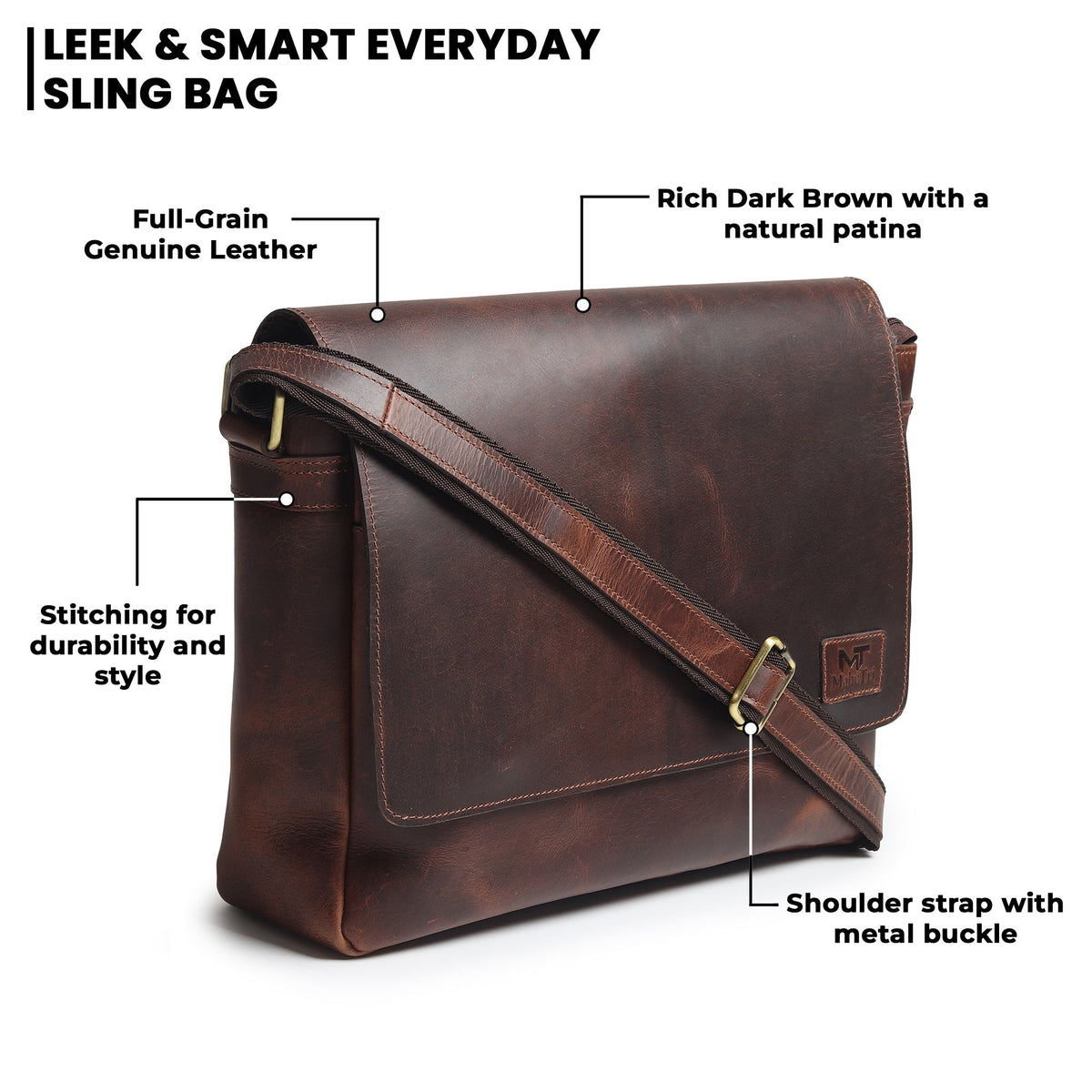 Genuine Sitka leather laptop bag with metal-buckle shoulder strap and stitched front flap, dark brown.