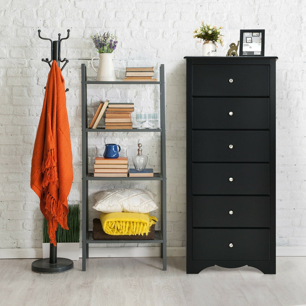 Black 6-drawer chest dresser with stacked drawers and round silver knobs.