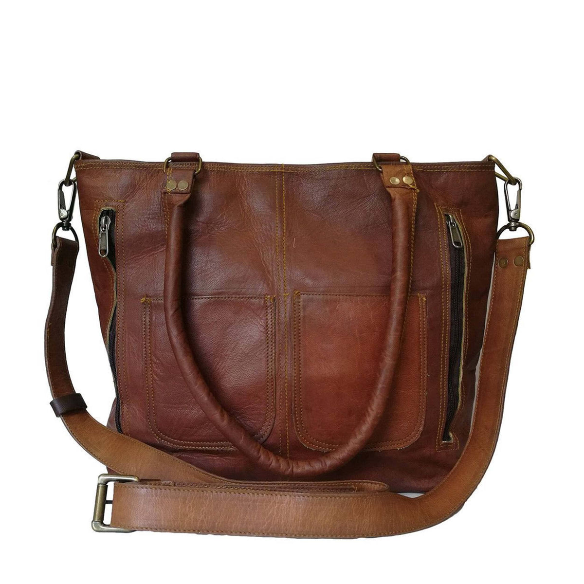 Terry tote bag in brown leather with dual straps, top zipper, and front zip pockets