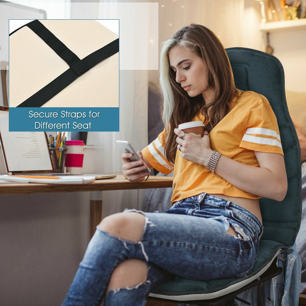 Seat cushion massager with heat, padded straps, and handheld remote control.
