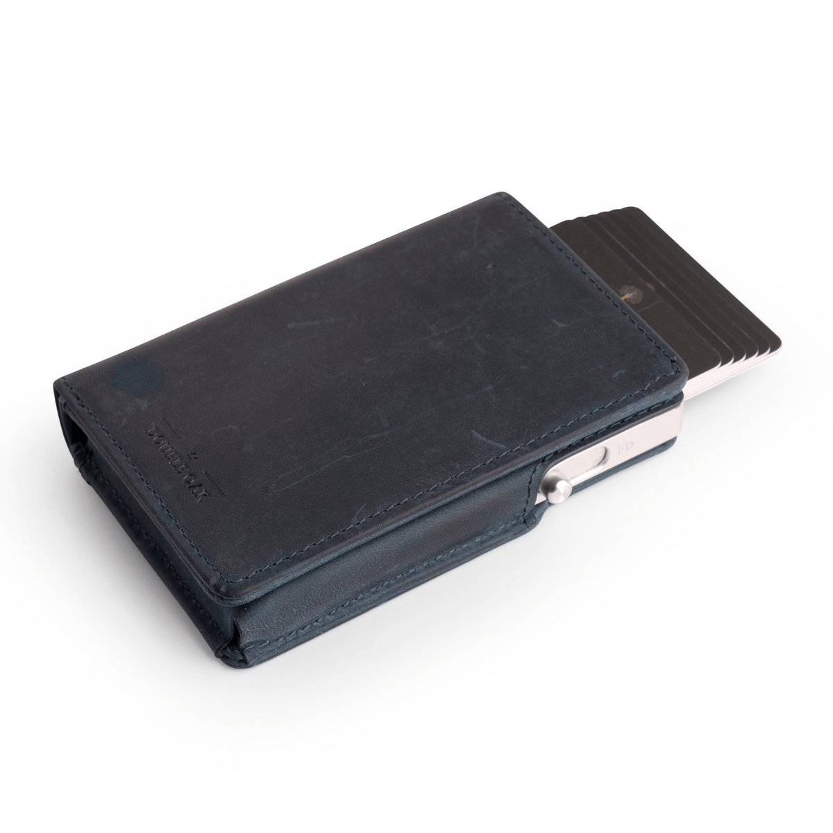 Dark navy leather bifold wallet with silver clasp and card slots, angled front view.