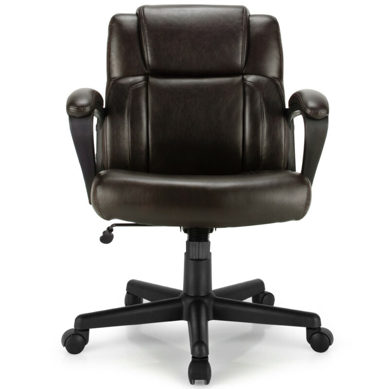 Dark brown leather executive chair with cushioned seat, headrest-like top, and rolling base.