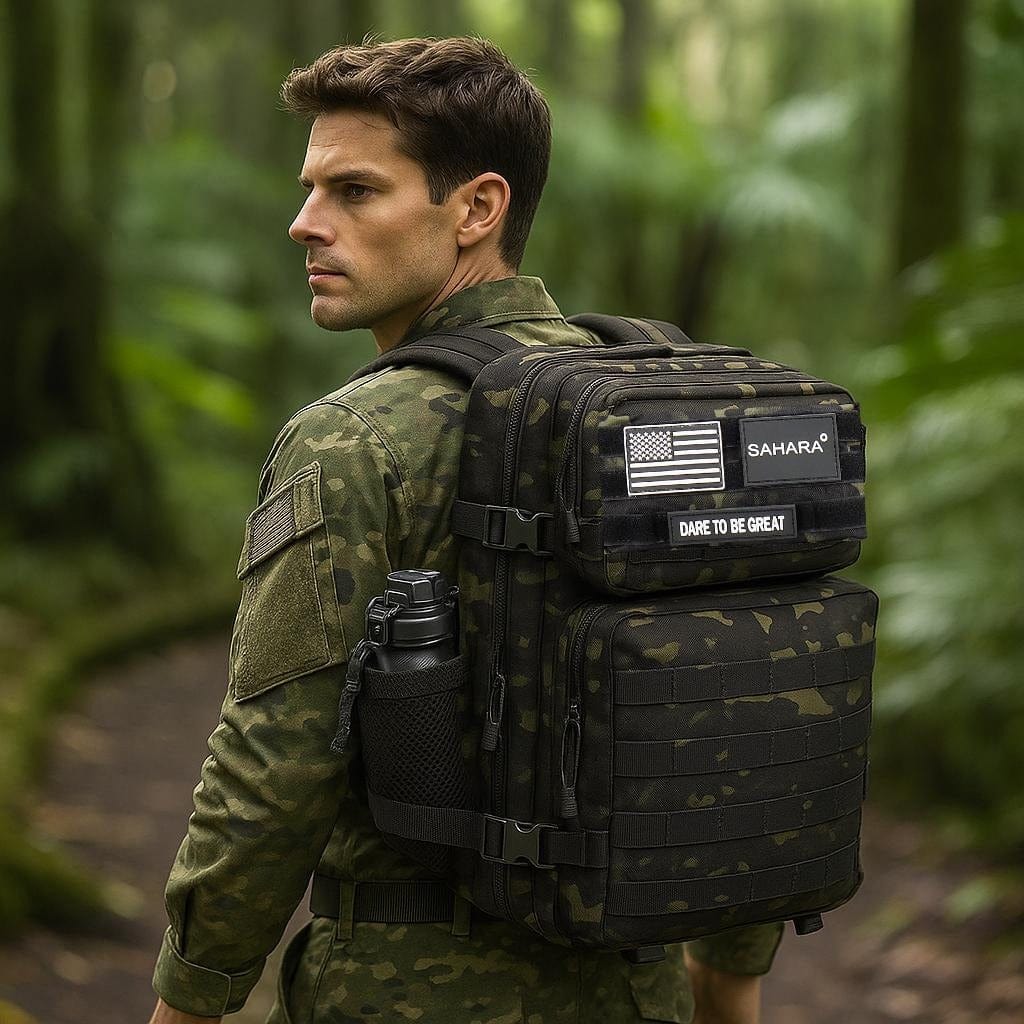Green camouflage travel laptop backpack worn on back with front patch and bottle pouch