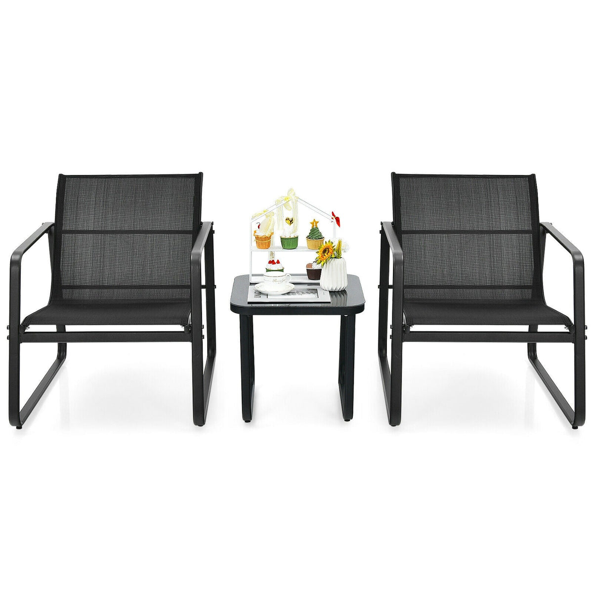 Studio view of black patio bistro set: two mesh chairs and square glass table