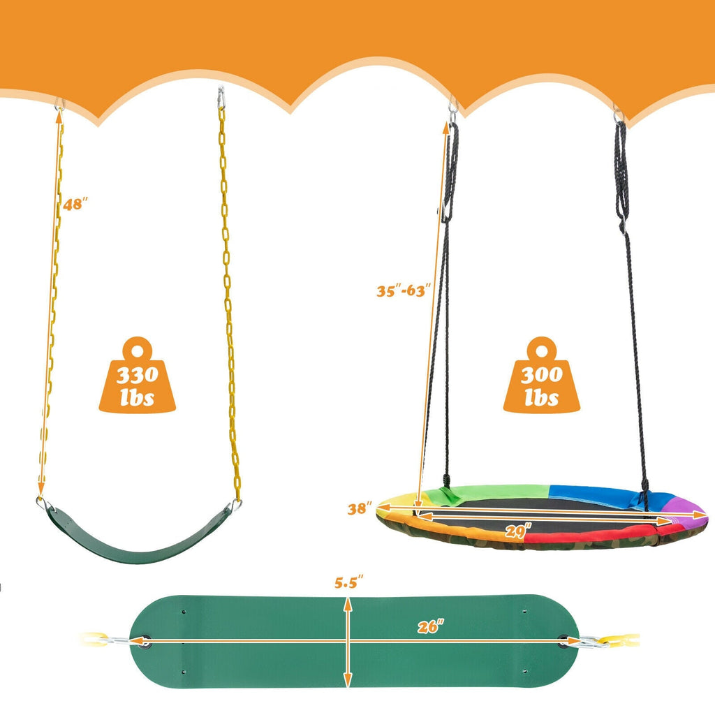 Swing seat replacement set with green and multicolor saucer seats and chains