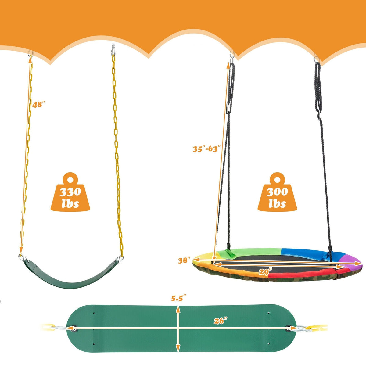 Swing seat replacement set with green and multicolor saucer seats and chains
