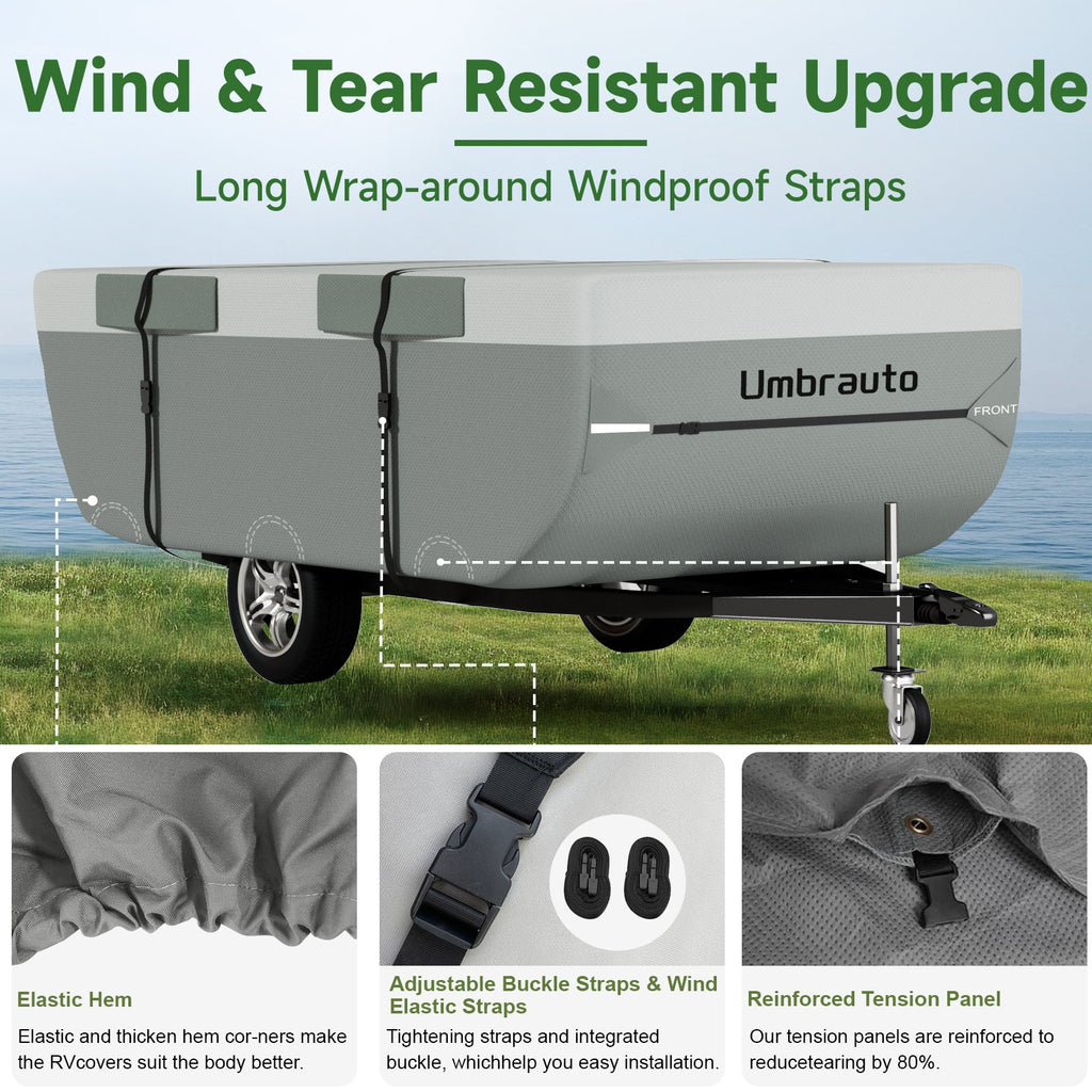 Gray RV camper cover with long wrap-around windproof straps and front support