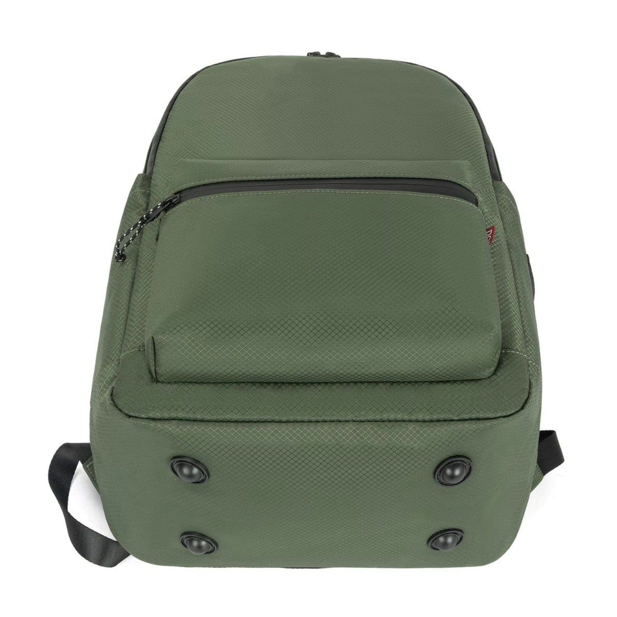 Green backpack with front flap pocket, zipper closure, and top carry handle.