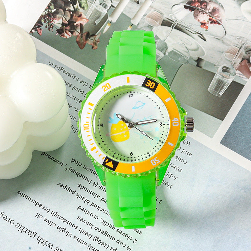 Green kids analog wristwatch with silicone strap, bright dial for learning time