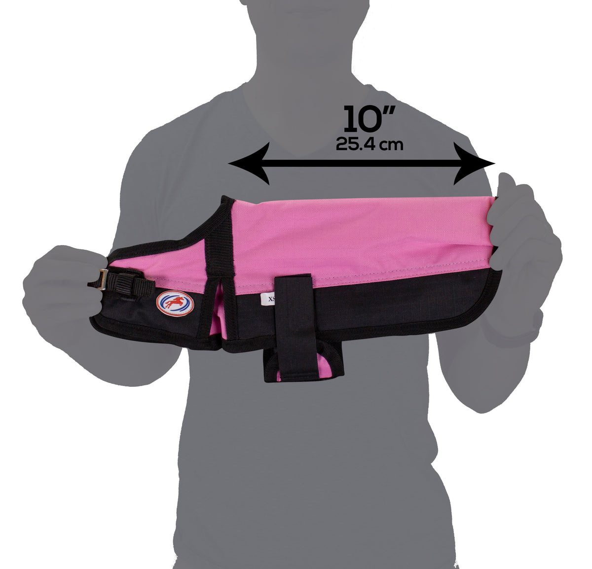 Pink and black waterproof winter dog coat shown with adjustable chest straps