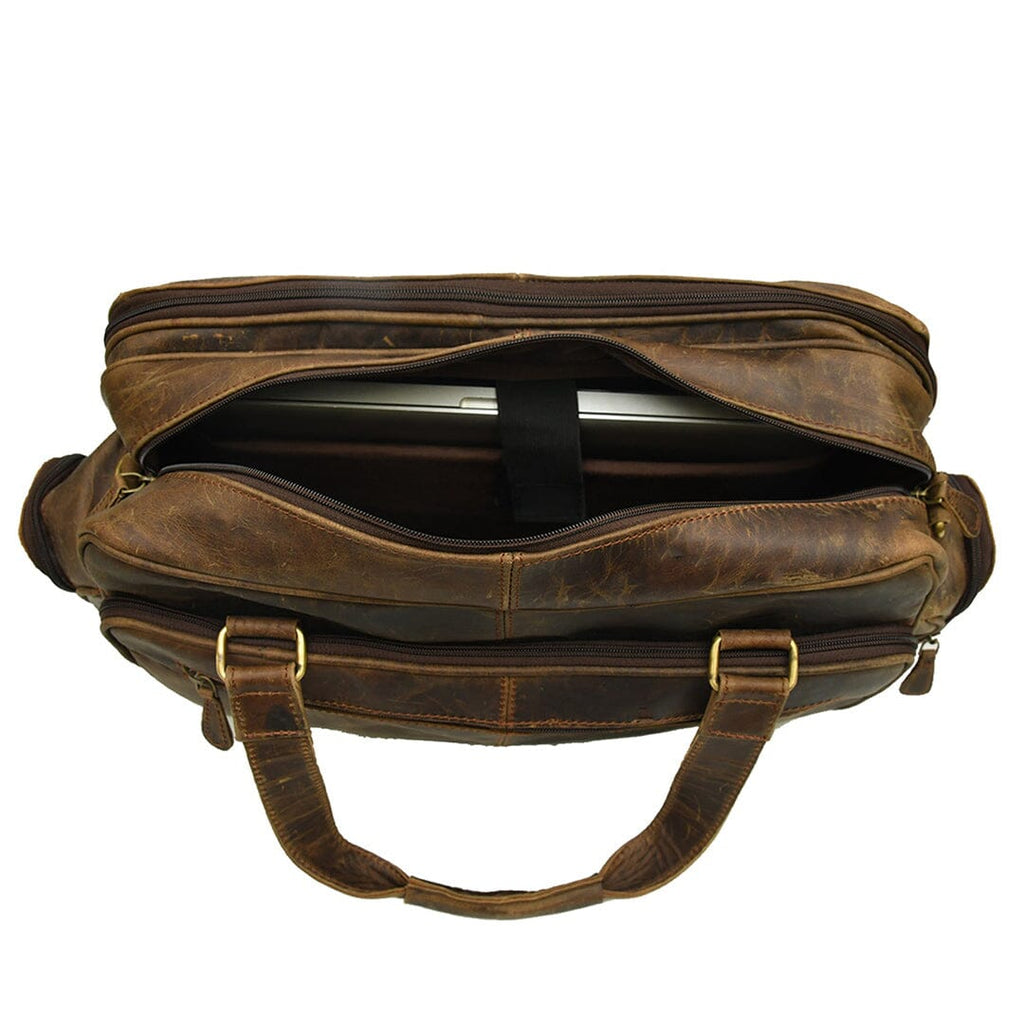 Brown leather office briefcase with top zipper and front zip pocket, gold-tone hardware