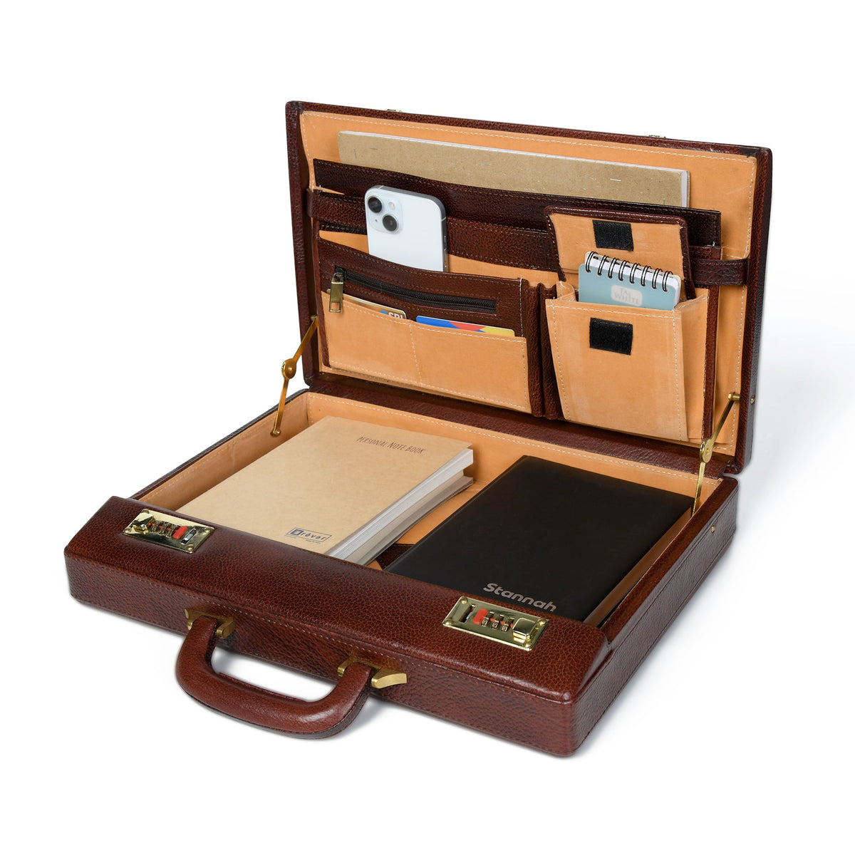 Rich brown leather office suitcase open with document compartments and organizer panels