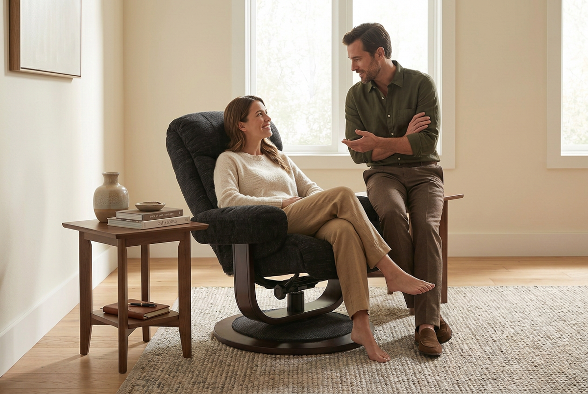 Dark recliner chair with ottoman, cushioned back and arms on round swivel base