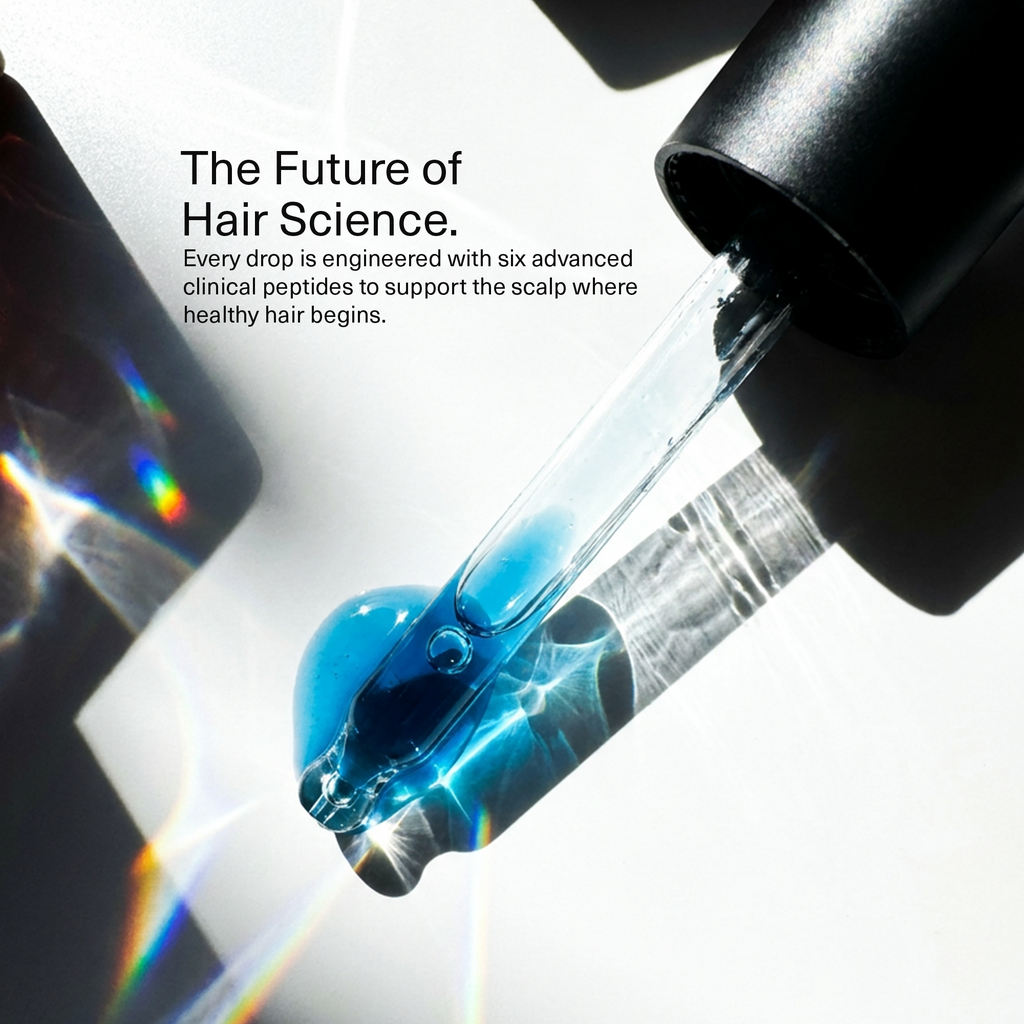 Blue serum dropper releasing liquid over a labeled branding background