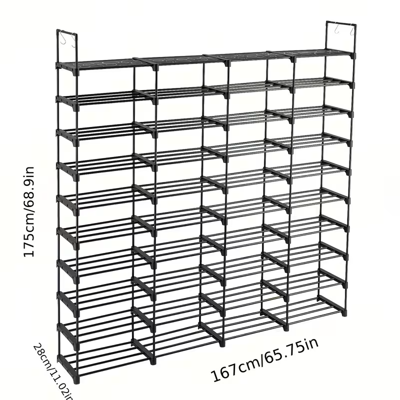 Black multi-tier shoe rack with open horizontal shelves and side support bars