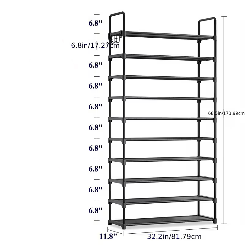 Black multi-tier shoe rack organizer with open shelves and vertical side rails