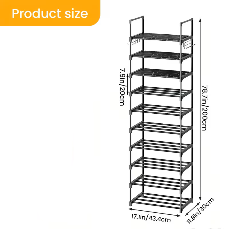 Black multi-tier shoe rack organizer with open shelves and upright side frames