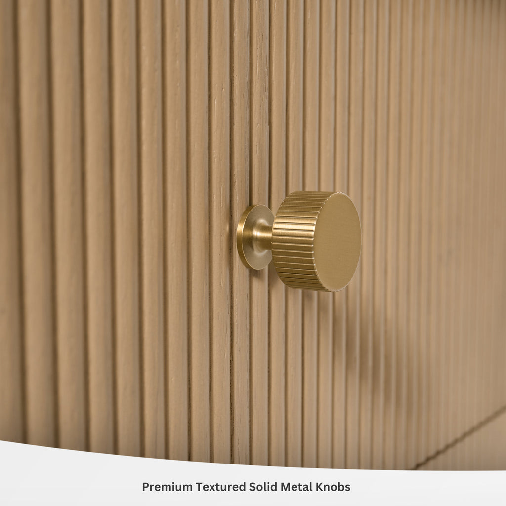 Premium textured solid metal knob on ribbed oak vanity drawer front