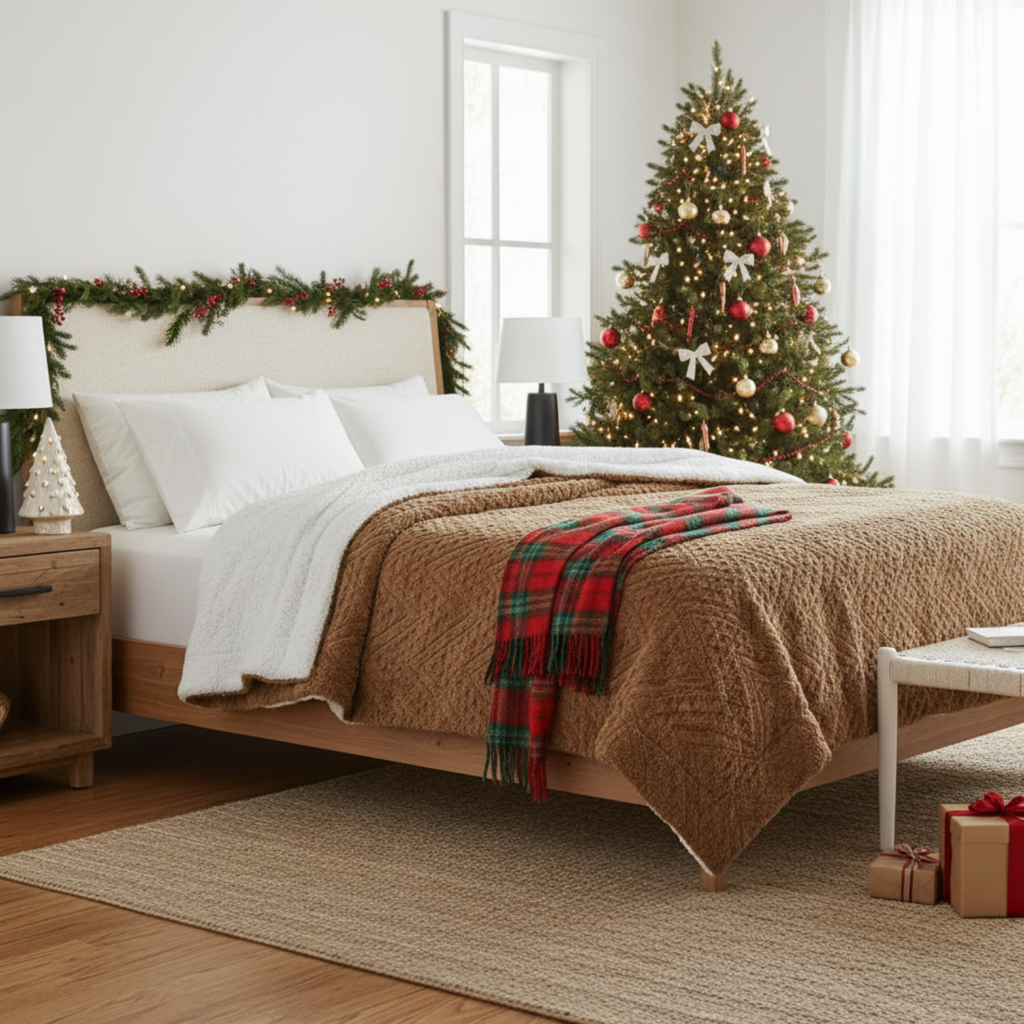 Caramel brown faux fur throw blanket draped across bed with cream sherpa underside
