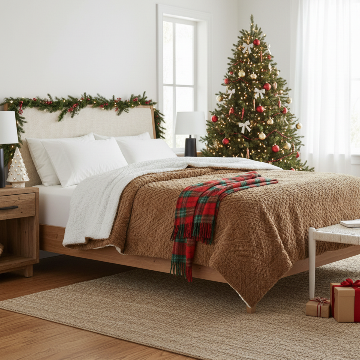 Caramel brown faux fur throw blanket draped across bed with cream sherpa underside