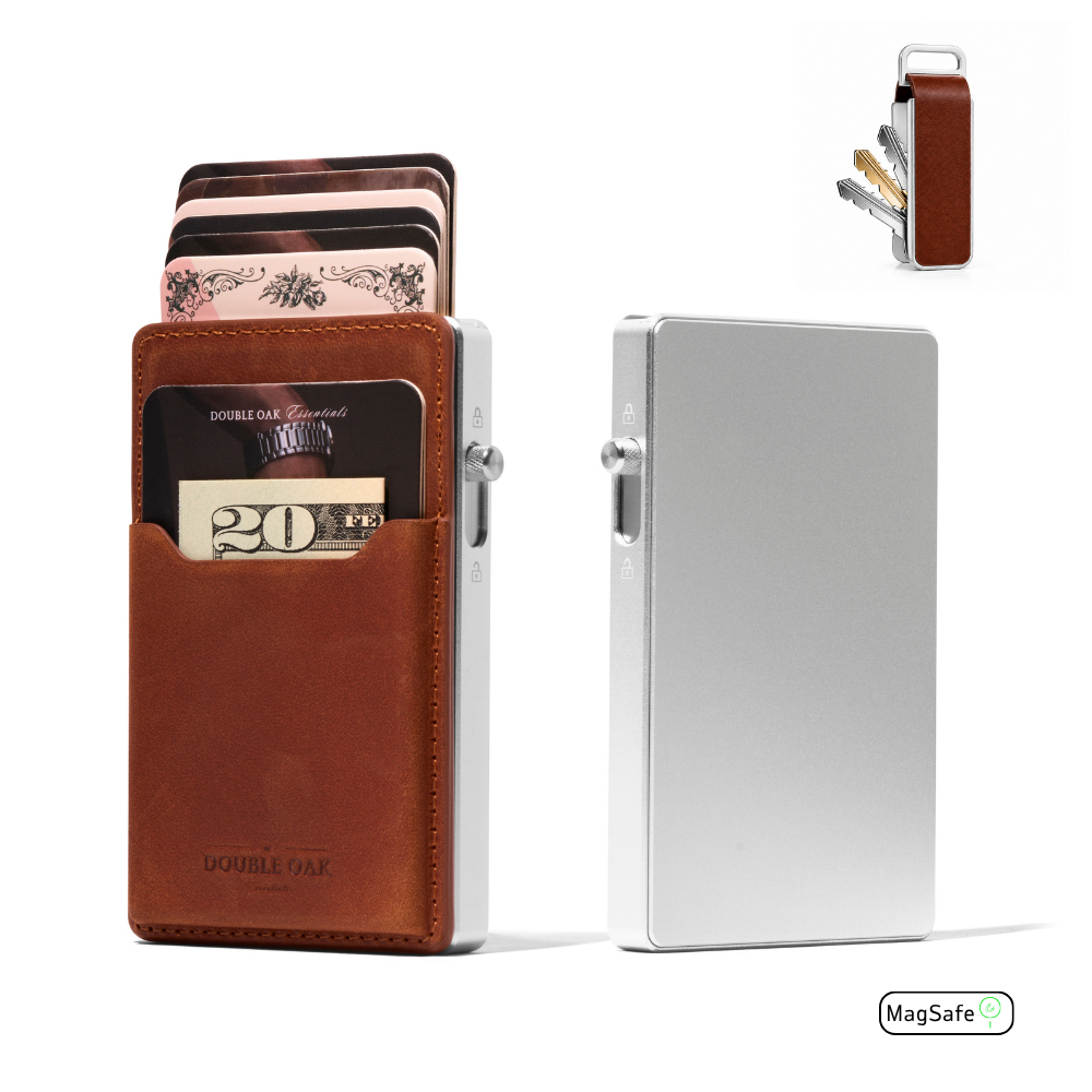 Brown leather front card wallet with cash and card slots; includes silver back plate.