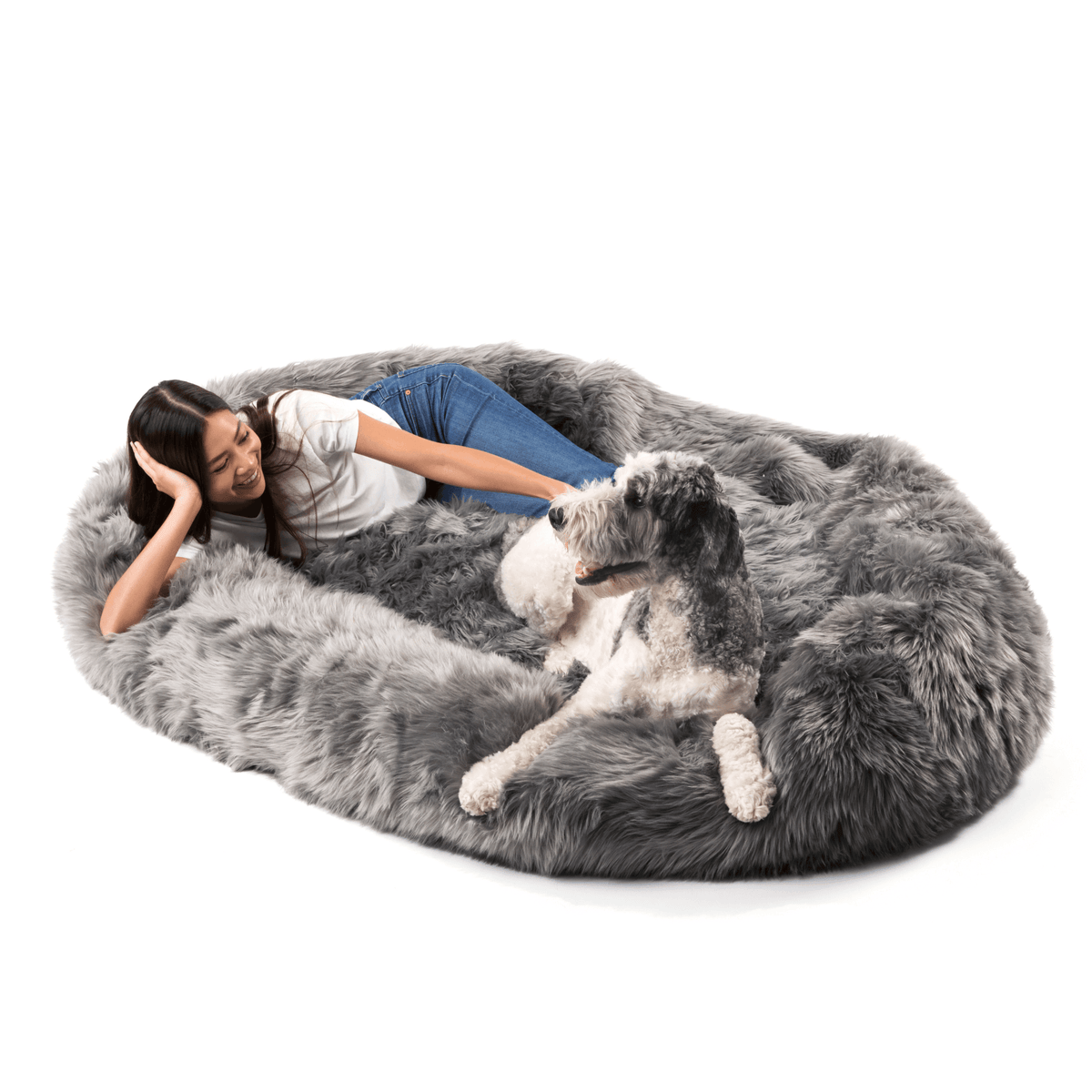 PupCloud™ charcoal grey faux fur memory foam dog bed, oval with thick raised edge
