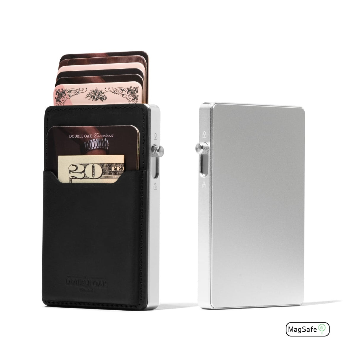 Black leather cardholder wallet with MagSafe and visible card pocket.