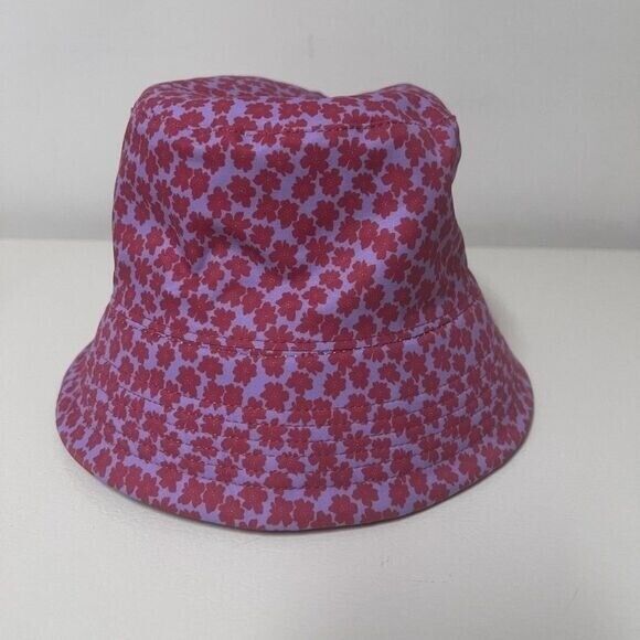 Purple and red floral reversible bucket hat with curved brim