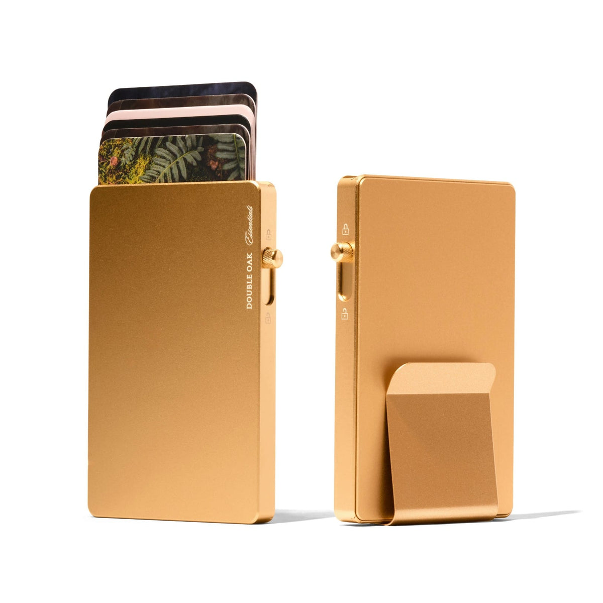 Mod wallet with tan leather cardholder and gold metal frame, card slot open