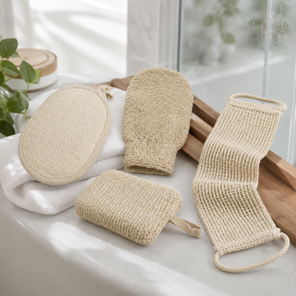 Exfoliating spa scrub set with five beige scrubbing pads and a mesh back scrubber with handle loops
