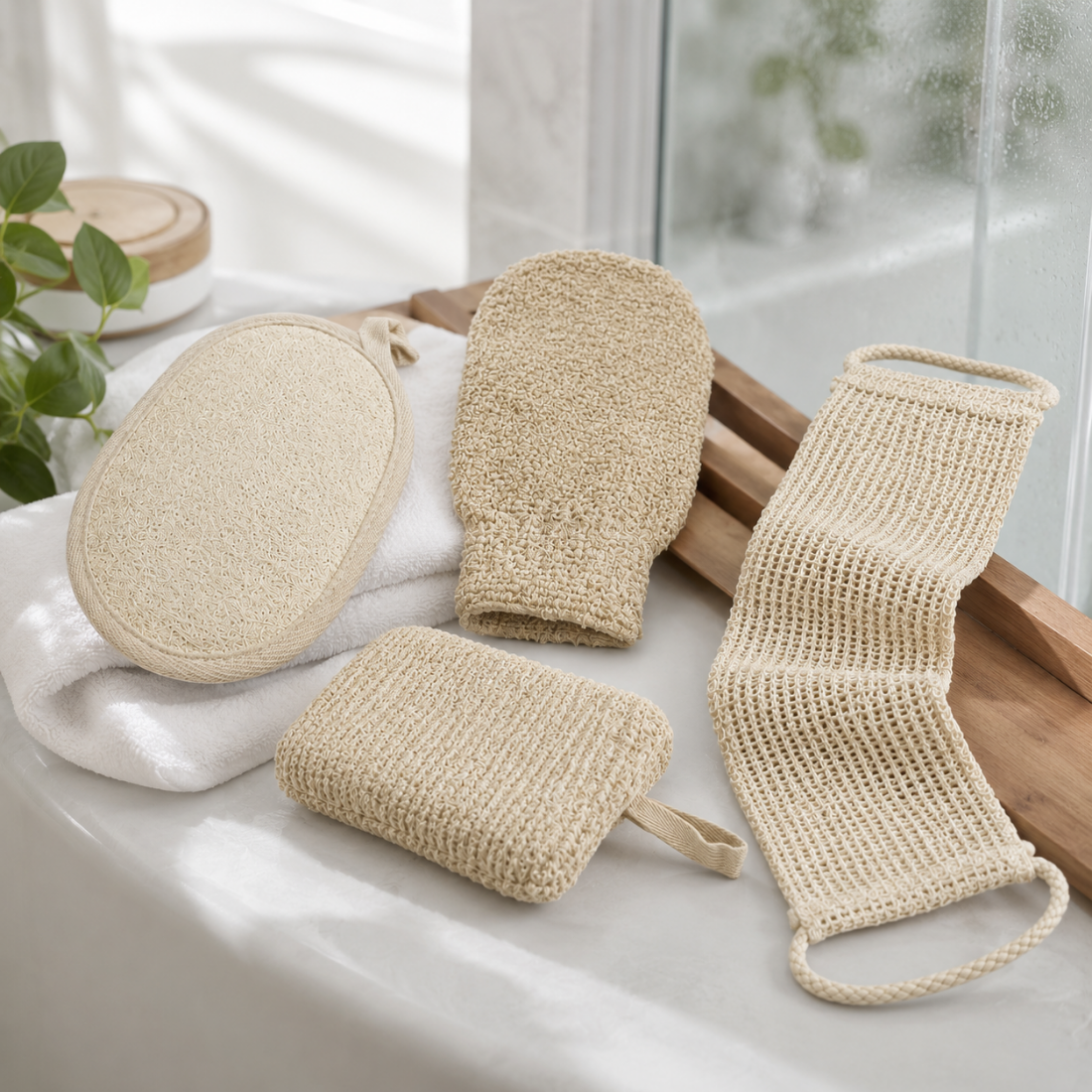 Exfoliating spa scrub set with five beige scrubbing pads and a mesh back scrubber with handle loops