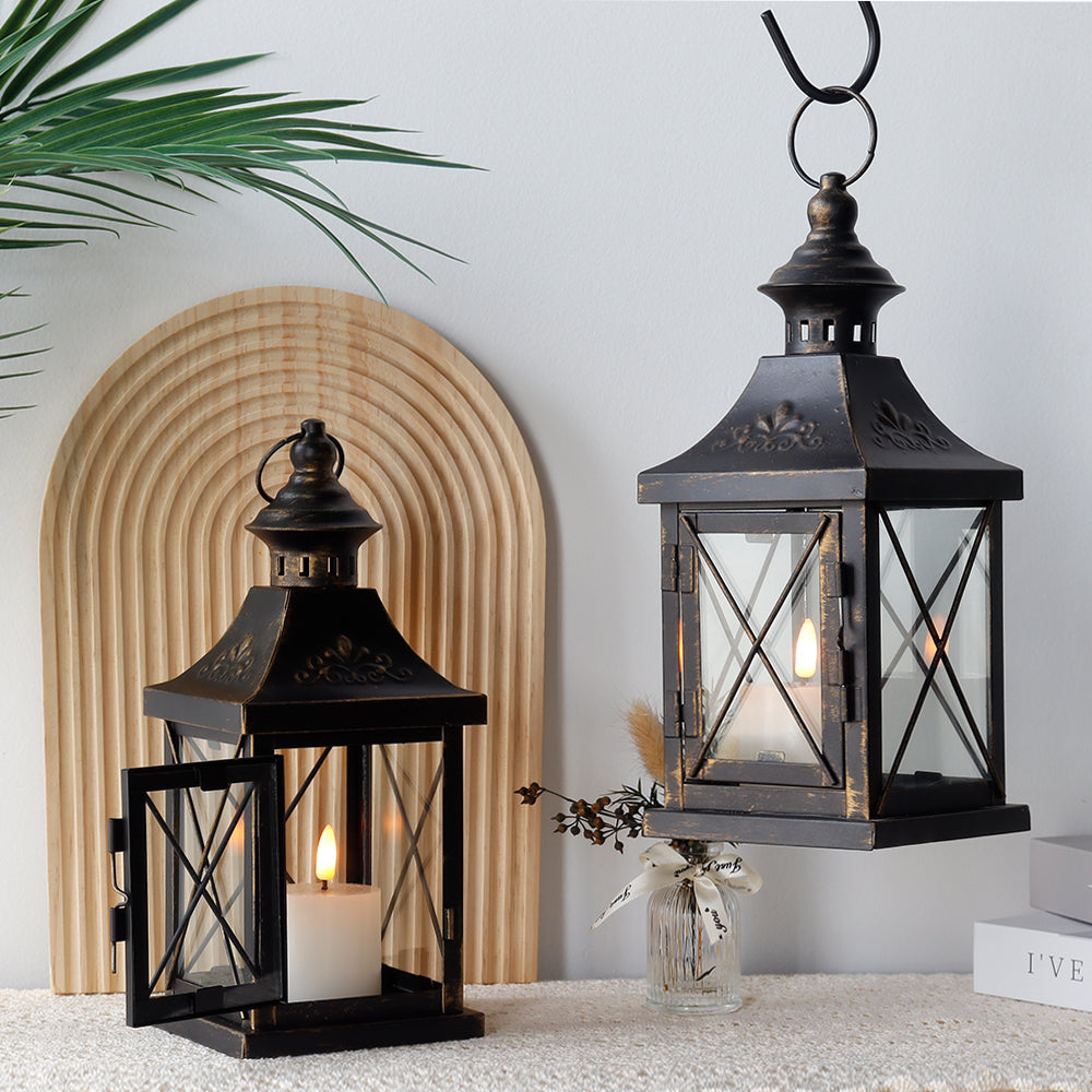 Set of 2 black metal hanging candle lanterns with glass sides and arched tops