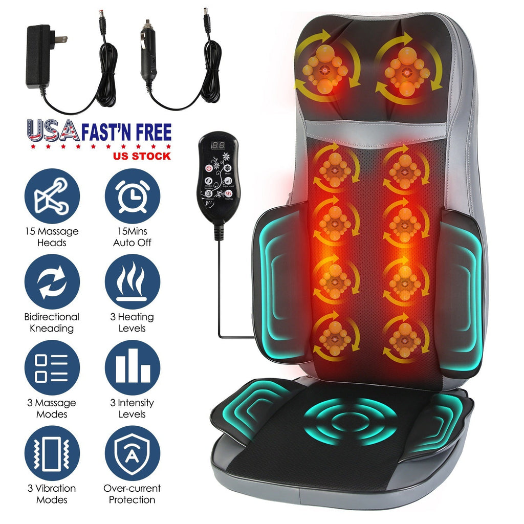 Heated shiatsu massage chair pad with control remote, glowing heat and kneading