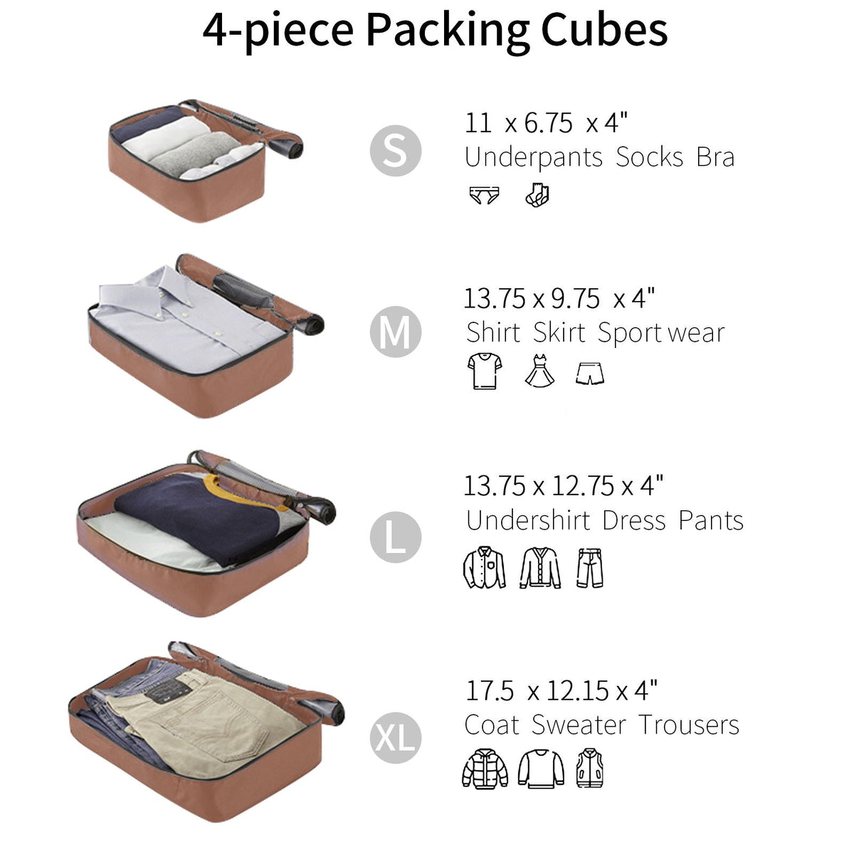4 packing cubes set with sizes S to XL in brown fabric with elastic straps